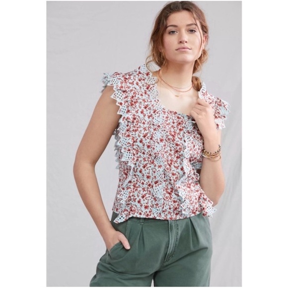Anthropologie Trina Bow Blouse Light Blue and Red Floral Motif NWT Sz XL - Picture 2 of 11